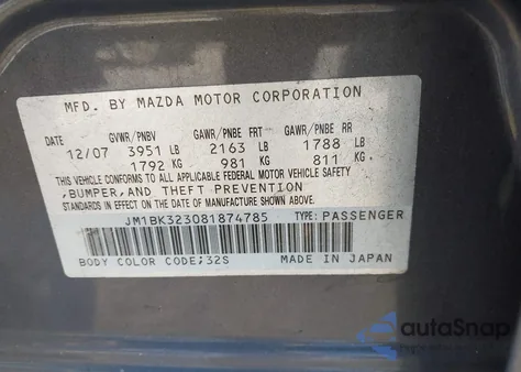 2008 Mazda Mazda3 S Grand Touring from USA, damaged, VIN JM1BK323081874785